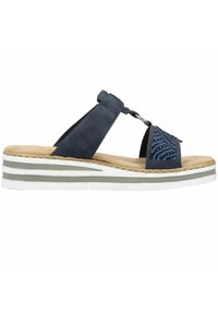 Blue suede slide sandal with a beaded accent, featuring a cushioned midsole and a white striped outsole for traction.