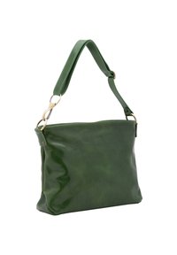 Borsa a spalla verde in pelle con una texture liscia, forma rettangolare allungata, cinturino regolabile e dettagli in metallo dorato.