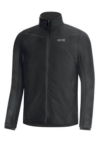 Chaqueta negra hecha de un tejido suave y ligero con un collar alto, cremallera completa, acentos reflectantes y mangas ajustadas con orificios para los pulgares.