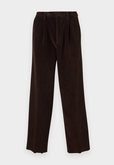 Brown corduroy trousers with a wide-leg design, featuring front pleats, a button closure, and textured vertical lines.