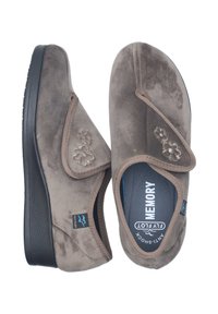 Brown suede slippers with a slight sheen, contoured shape, floral embroidery, memory foam insoles, and rubber outsoles for grip.