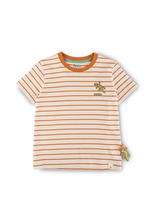 Striped short-sleeve t-shirt in cream and orange. Features a green accent, embroidered animal design, and a decorative charm at the hem.