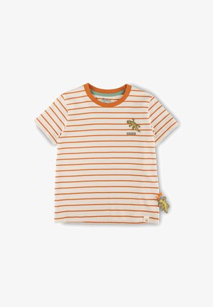 Gestreiftes Kurzarm-T-Shirt in Creme und Orange. Mit grünem Akzent, besticktem Tierdesign und einem dekorativen Charme am Saum.
