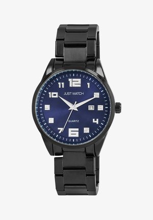 Schwarze Quarz-Armbanduhr mit blauem Ziffernblatt, silbernen Stundenmarkierungen und einem starren Metallband. Verfügt über ein rundes Gehäuse und eine strukturierte Oberfläche.