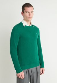 Pulover verde tricotat cu finisaj texturat, gât rotund și mâneci lungi, purtat peste o cămașă albă cu guler. Logo subtil pe piept.