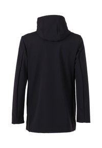 Chaqueta negra con capucha hecha de tela lisa y elástica; cuenta con mangas largas y un diseño minimalista sin herrajes visibles ni patrones.