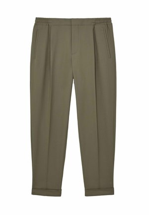 Pantalones de color verde oliva con cintura elástica, frente plano, dos bolsillos laterales y dobladillos enrollados. Tela suave con un corte entallado.
