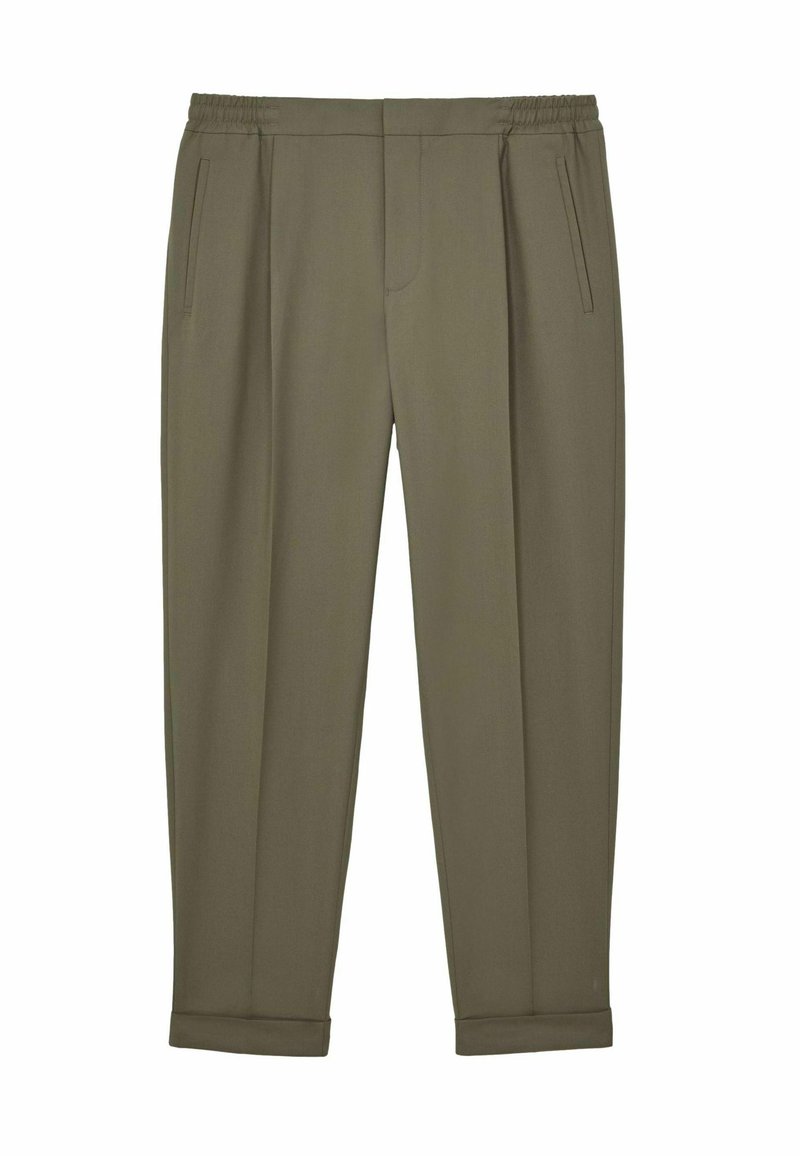 Pantalons vert olive avec une taille élastique, devant plat, deux poches latérales et ourlets roulés. Tissu doux avec une coupe ajustée.