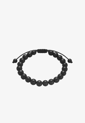 Fekete gyöngyökből készült karkötő, matt felületű gyöngyökkel fűzve, állítható fekete zsinóron, egyenlő méretű kerek gyöngyökkel.