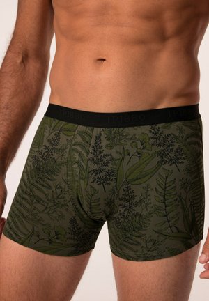 Boxers verts à motifs avec une ceinture élastique noire portant le logo "JP1880". Le tissu présente des motifs complexes de feuilles et de fleurs.