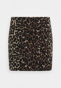 Falda negra con un estampado de leopardo en tonos marrones y crema, con un diseño ajustado y cierre de cremallera en la parte posterior.