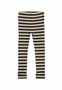 Ribbad leggings i beige och mörkbruna ränder. Har en mjuk midjeresår och ankle cuffs. Tillverkade av ett elastiskt tyg för komfort.