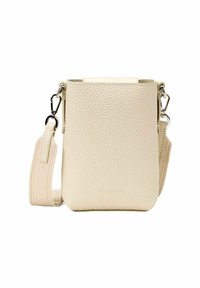 Borsa a tracolla in pelle color crema con finitura testurizzata, manico superiore e tracolla regolabile; presenta dettagli in hardware argentato.