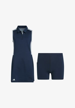 Granatowa sukienka polo bez rękawów z kołnierzykiem, dwoma bocznymi kieszeniami i szarymi akcentami; w zestawie z dopasowanymi szortami, wszystko wykonane z rozciągliwej tkaniny.