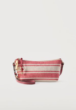 Väike ristkülikukujuline randmekott punaste ja beežide horisontaalsete triipudega, kuldse tõmblukuga ning punase nahast rihmaga, millel on valge õmblus.