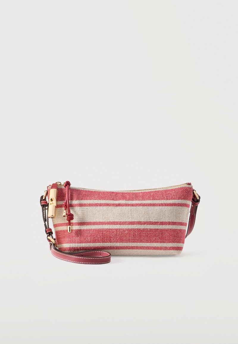 Μικρό ορθογώνιο βραχιόλι με οριζόντιες κόκκινες και μπεζ ρίγες, χρυστό φερμουάρ και κόκκινο δερμάτινο λουράκι με λευκή ραφή.