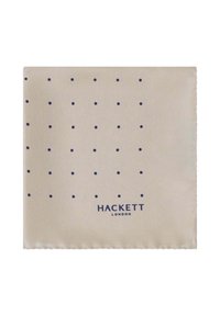 Svila maramica za džep u svijetloj bež boji s uzorkom tamnoplavih točkica. Ima pažljivo ušiven rub i otisnuti logo "HACKETT LONDON".