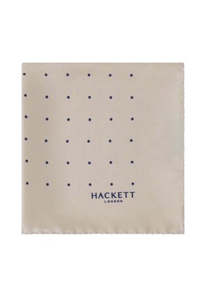 Seiden-Taschentuch in hellbeige mit einem Muster aus dunkelblauen Punkten. Verfügt über einen sauber gesteppten Rand und einem gedruckten "HACKETT LONDON"-Logo.