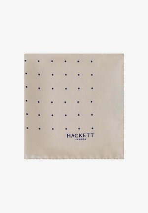 Hedvábný kapesní čtverec v světle béžové barvě s vzorem námořnickomodrých teček. Obsahuje pečlivě sešitou výšivku a vytištěné logo "HACKETT LONDON".