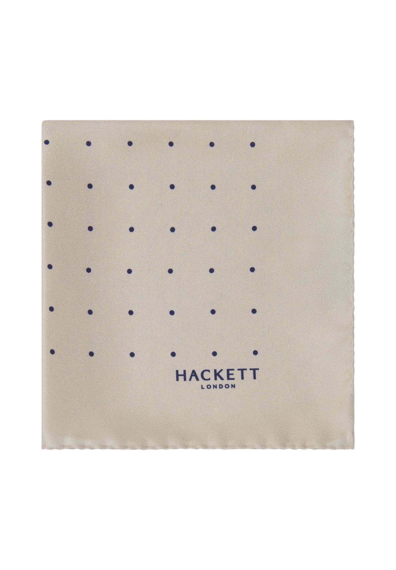 Svila maramica za džep u svijetloj bež boji s uzorkom tamnoplavih točkica. Ima pažljivo ušiven rub i otisnuti logo "HACKETT LONDON".