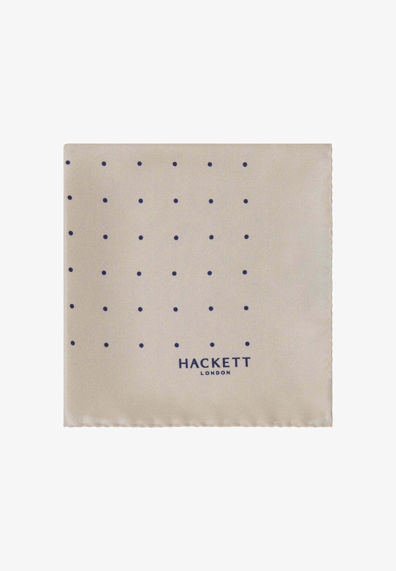 Svila maramica za džep u svijetloj bež boji s uzorkom tamnoplavih točkica. Ima pažljivo ušiven rub i otisnuti logo "HACKETT LONDON".