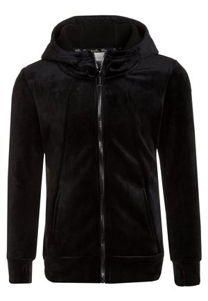 Sort fleece hoodie med fuld lynlås, foranlommer, tommelfingerhuller på manchetterne og tætsiddende hætte.