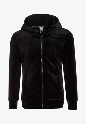 Schwarze fleece Kapuzenjacke mit durchgehendem Reißverschluss, Fronttaschen, Daumenlöchern an den Bündchen und enganliegender Kapuze.