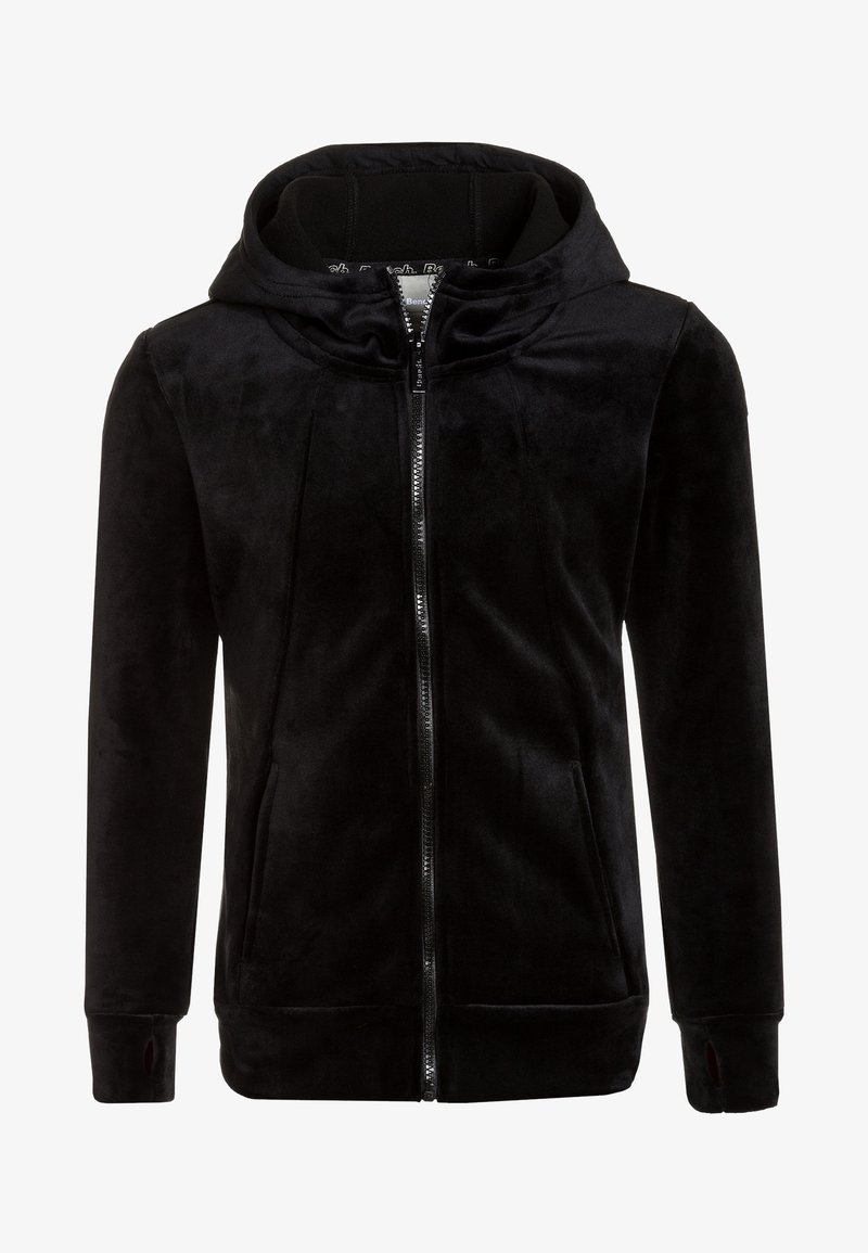 Sudadera de forro polar negra con cremallera completa, bolsillos frontales, agujeros para los pulgares en los puños y capucha ajustada.