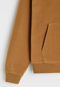 Brązowy polarowy hoodie z kieszenią kangurką, ściągaczami przy mankietach i u dołu, o miękkiej teksturze i gładkim wykończeniu. Z akcentem w postaci logotypu na rękawie.