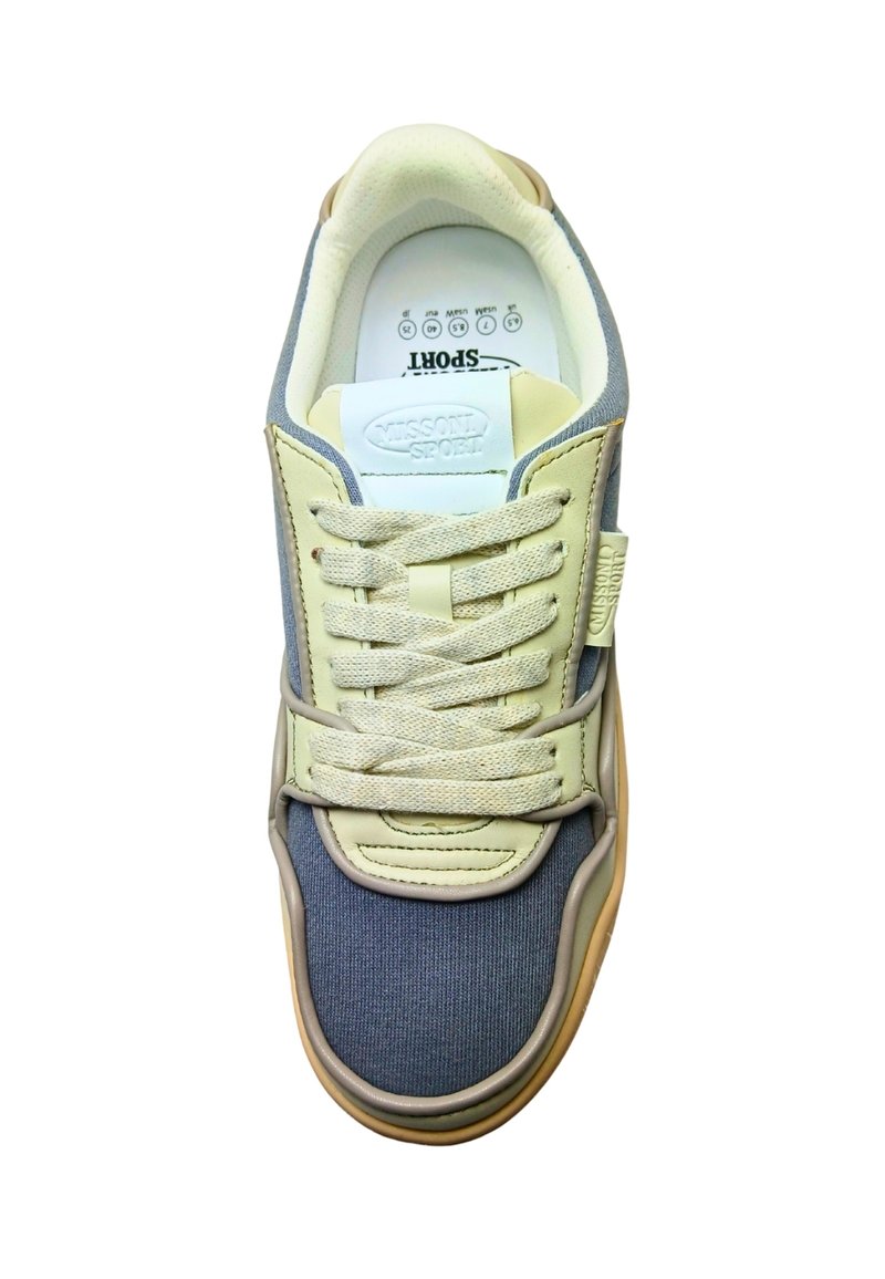 Casual sneaker with beige laces, cream leather accents, blue fabric toe, and "Missoni Sport" branding on tongue and side tag.