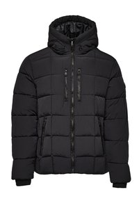 Veste matelassée noire avec col montant, capuche réglable, fermeture éclair frontale, deux poches poitrine verticales et deux poches latérales zippées.