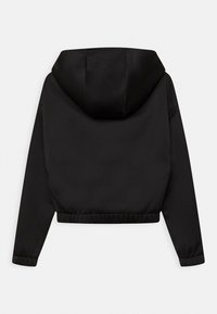 Schwarzer, kurz geschnittener Hoodie mit minimalistischem Design, ausgestattet mit gefütterter Kapuze und elastischen Bündchen an Ärmeln und Saum für eine eng anliegende Passform.