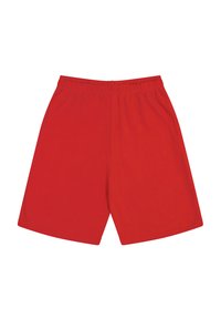 Czerwone krótkie spodenki bawełniane z elastycznym pasem, prostymi nogawkami i bez widocznych kieszeni lub zdobień. Gładka tekstura i prosty design.