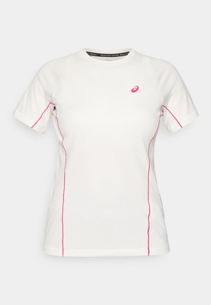 Weißes kurzärmeliges Sportshirt mit rosa Nähten an den Seiten und Ärmeln, mit einem kleinen rosa Asics-Logo auf der Brust.
