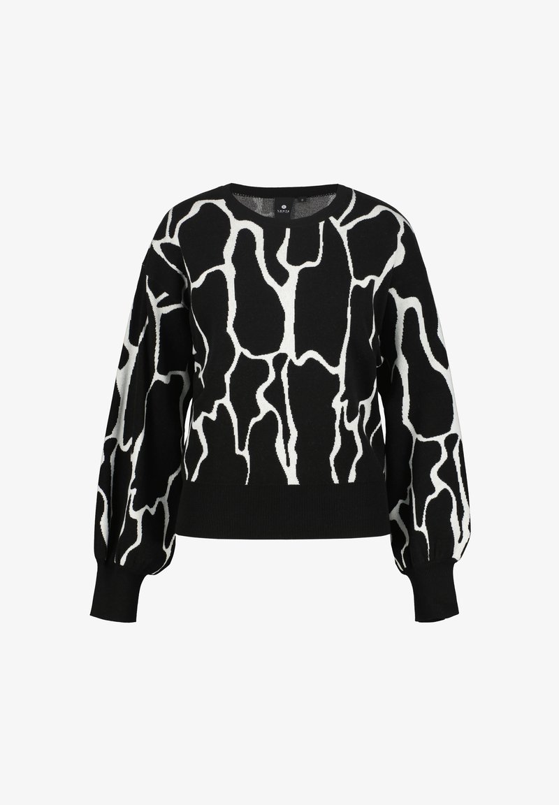 Black sweater featuring a white abstract giraffe pattern, long puff sleeves, crew neck, and ribbed cuffs and hem. Soft knit fabric.
