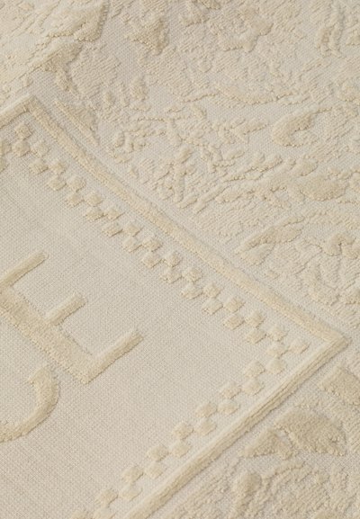Beige textured fabric with intricate floral patterns and raised lettering. Contains a border with small square accents. Soft and plush finish.