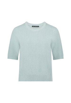 Hellblauer Kurzarm-Strickpullover mit strukturiertem Muster, Rundhalsausschnitt sowie gerippten Bündchen und Saum, mit Betty Barclay Etikett.