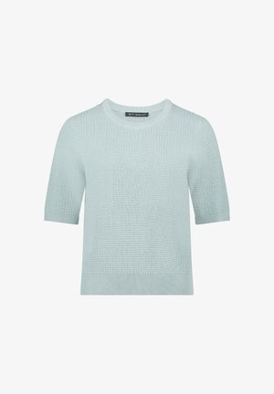 Hellblauer Kurzarm-Strickpullover mit strukturiertem Muster, Rundhalsausschnitt sowie gerippten Bündchen und Saum, mit Betty Barclay Etikett.