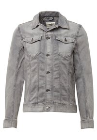 Grå denimjacka med två bröstfickor, knäppning fram och klassisk krage. Har en lätt blekt textur och vertikala sömnadsdetaljer.