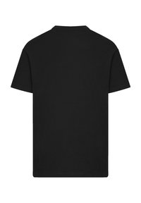 Schwarzes Baumwoll-T-Shirt, kurze Ärmel, runder Ausschnitt, schlichte Rückseite, reguläre Passform, weiche Textur, klassisches Design.