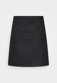 Svart A-linje kjol i slät tyg, med ett enkelt midjeband och utan synliga sömmar eller dekorationer.