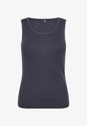 Ærmeløs tanktop i marineblå, lavet af blødt stof. Har en rund halsudskæring og et slim fit. Scallopede kanter og minimal syning.