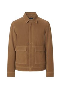 Brązowa, fakturowana kurtka z kołnierzem, zamykana na guziki z przodu oraz dwoma dużymi kieszeniami na froncie. Gładki materiał o dopasowanym kroju.