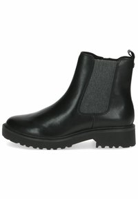 Bota negra de cuero hasta el tobillo con paneles elásticos en los laterales, detalles de tela texturizada, puntera redondeada y una suela de goma gruesa para mayor tracción.