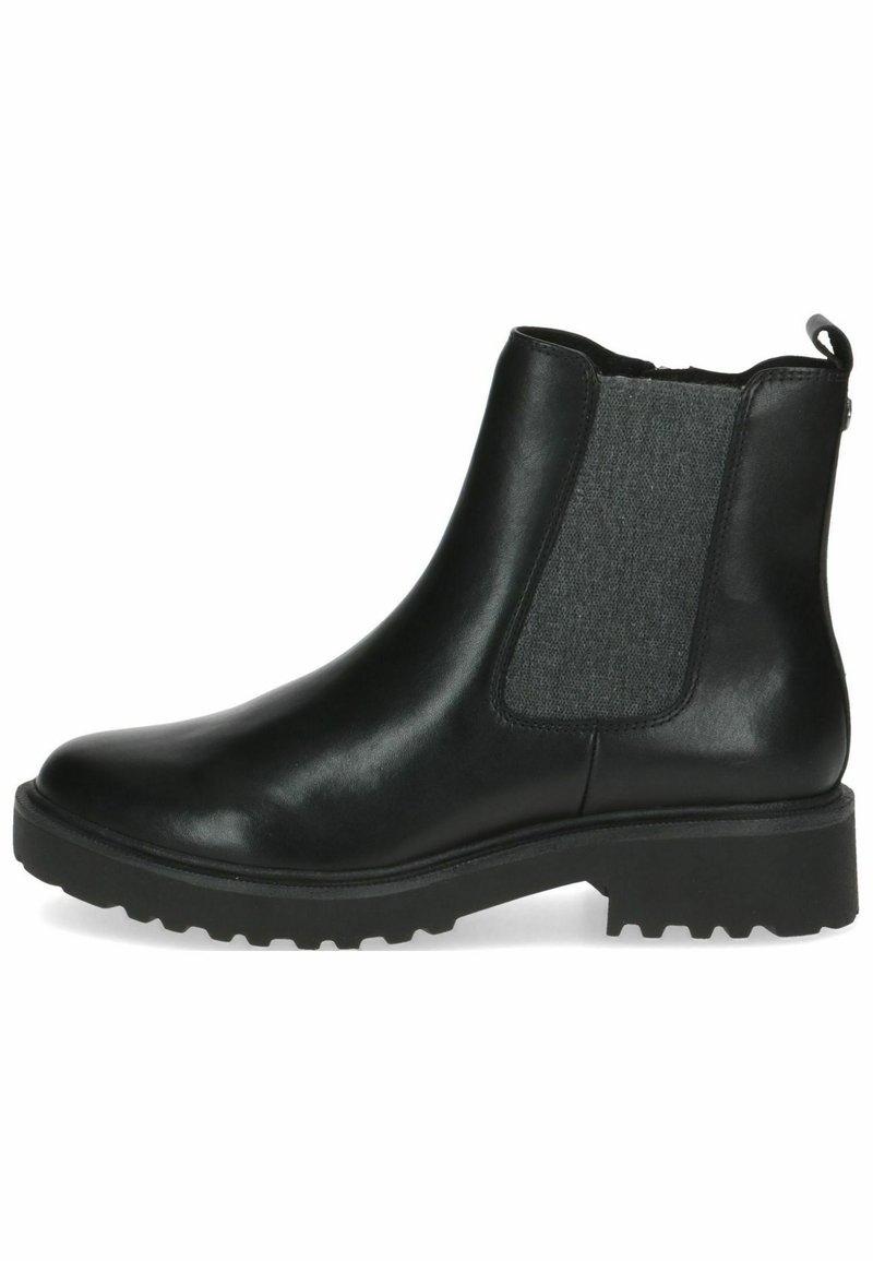 Bota negra de cuero hasta el tobillo con paneles elásticos en los laterales, detalles de tela texturizada, puntera redondeada y una suela de goma gruesa para mayor tracción.