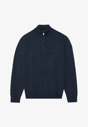Tumši zilas adītas džemperis ar pusdari collar, riboti apkaklītes un neliels sarkans logotips uz krūškurvja. Mīksta tekstūra un pieguļošs dizains.
