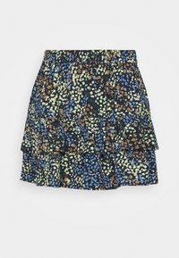 Mini sukně s květinovým potiskem v námořnické barvě s vrstvenými volánky. Obsahuje zelené, modré a hnědé květiny na tmavém pozadí. Elastický pas.