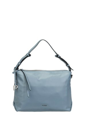 Soft blue leather shoulder bag with adjustable strap, top zipper, and silver "P" charm on left side.