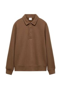 Braun langärmliges Polo-Shirt aus weichem Stoff, mit einem Kragen, einer Drei-Button-Leiste und gerippten Bündchen. Schlichtes Design.