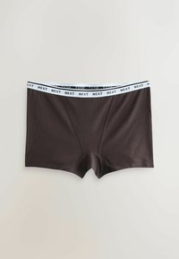 Boxers pour hommes marron foncé avec une ceinture élastique blanche imprimée à répétition du nom de la marque « NEXT » en noir.